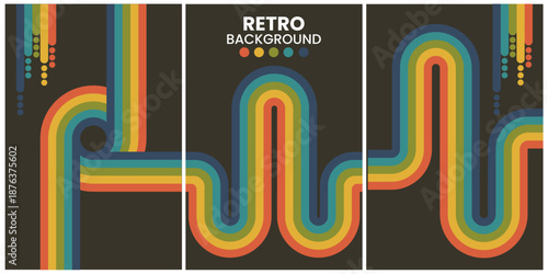 Retro Geometric Shapes in Warm Tones on Black Background Triptych