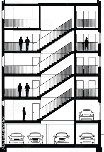 Building section elevation, multi-story staircase design, residential floor levels, architectural cross-section drawing, people silhouettes, parking garage layout, apartment structure 