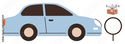 Autonomous vehicles, quadcopter delivery, package transportation, logistics, technology, navigation. Blue car, Quadcopter with box magnifying glass. Autonomous vehicles and drone delivery concepts