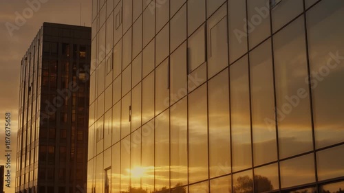 Wallpaper Mural A modern skyscraper and adjacent building, reflecting a sunset sky with golden hues Torontodigital.ca