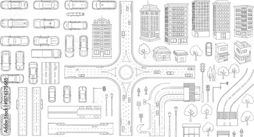 City map elements illustration, urban street layout, buildings and vehicles top view, traffic signs symbols set, roundabout road design, transportation planning graphics collection