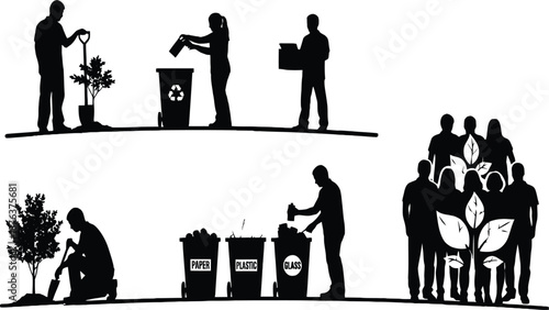 Silhouettes of people engaged in eco-friendly activities like planting trees and recycling representing environmental awareness and community action isolated on white