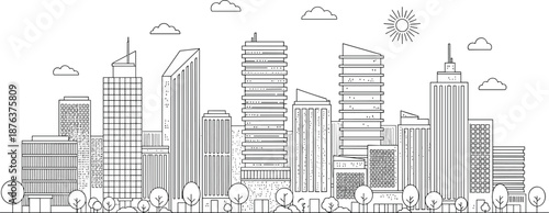 Modern city skyline illustration, urban buildings line art, skyscraper landscape drawing, downtown architecture scene, contemporary cityscape outline, business district design, 