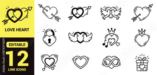 Valentine's Day love icons set with heart shapes, padlocks, lips, keys, sparkles, romantic symbols, passion, affection, couple celebration