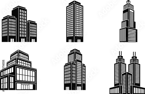 Skyscraper building icons set, modern city tower silhouettes, urban architecture illustration, high-rise office blocks, black and white skyline graphics, commercial real estate symbol collection