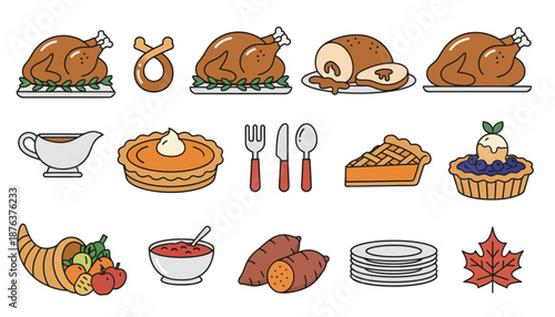 Thanksgiving Food Icons Set with Turkey and Desserts.