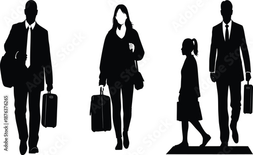 Silhouettes of business people and a child walking with luggage representing travel and commuting isolated on white background