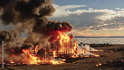 Initiating Fire Scene in Open Field with Smoke and Trees