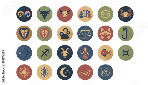 Collection of Astrological Zodiac Signs Symbols Icons.