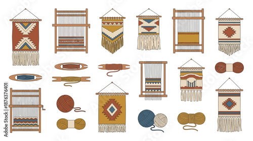 Collection of Colorful Handwoven Tapestries and Looms.