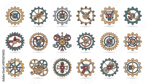 Collection of ornate gear icons in various designs.