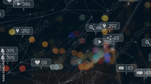 Animation of notification bars and connected dots over blurred vehicles moving on road