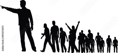 Silhouette of a leader pointing forward followed by a diverse group of people in a line representing teamwork and direction on white background