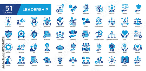 Leadership collection set. Initiative, Optimization ,Skills, Problem Solving, Leadership, Credibility , Performance, Tchnical Support, icon. Simple Dual Tone vector illustration