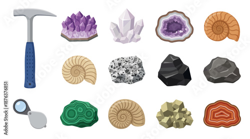 Fossils Rocks Minerals Geology Hammer Magnifying Glass.