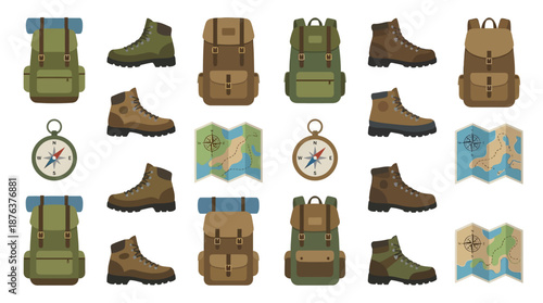Hiking Backpacks Boots Maps Compasses Clipart.