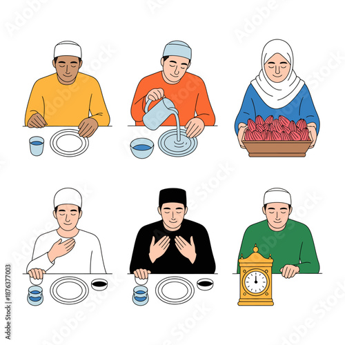 Ramadan Rituals: A culturally rich depiction of Ramadan practices, where individuals engage in preparations for iftar and celebrate with dates, water, and reflection. 