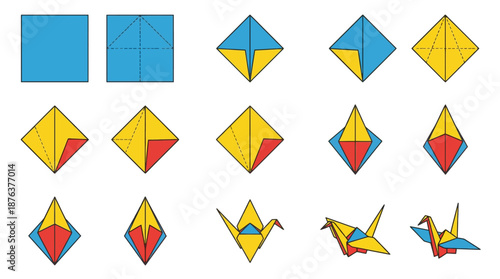 Origami Crane Folding Steps Colorful Paper.