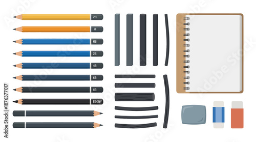 Pencils Pens Erasers and Notebook Stationery.
