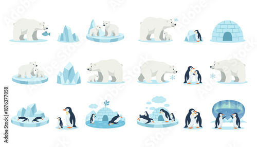 Polar bears and penguins in arctic scenes.
