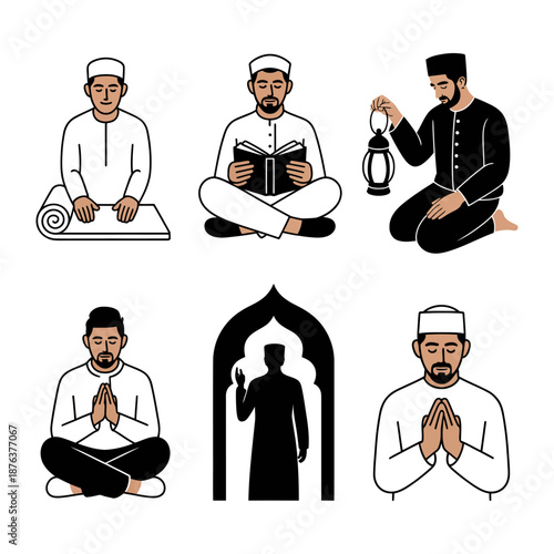 Islamic Moments: A series of illustrations of individuals engaged in prayer, reading the Quran, and reflective practices, capturing the essence of spiritual devotion and reverence.