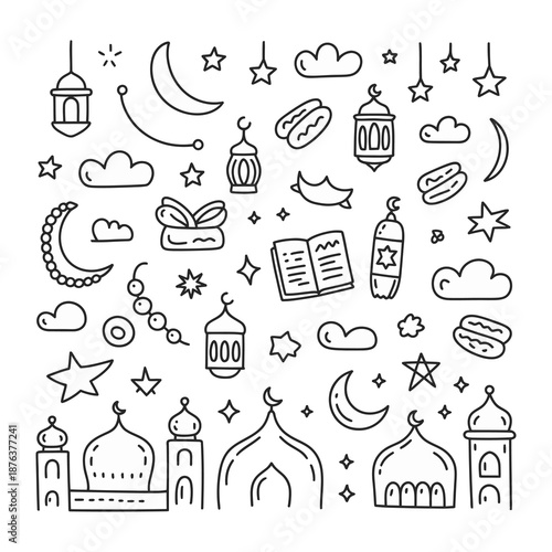 Ramadan Icon Doodle: A collection of simple black-and-white vector icons depicting the symbols of Ramadan, offering a minimalist and elegant design for the celebration.