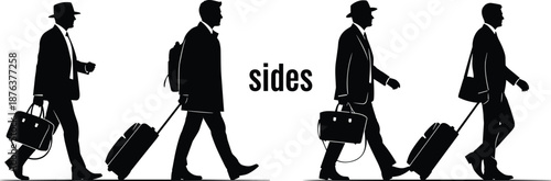 Businessmen travelers walking with rolling suitcases silhouettes side view set for airport commute corporate travel vector illustration