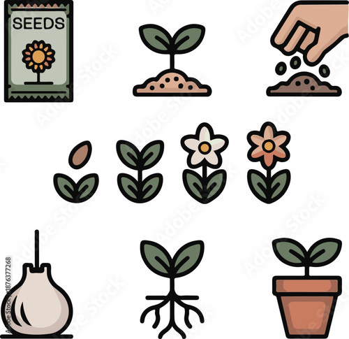 Gardening and Plant Life Cycle Icon Set with Seeds, Sprout, Hand Sowing, Flower Growth, and Potted Plant