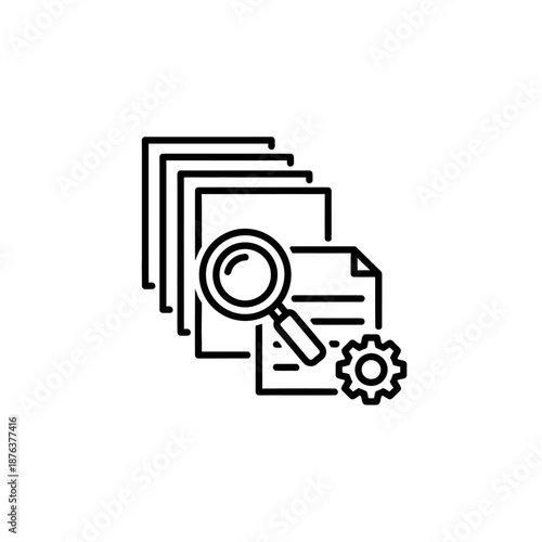 Conceptual Image of Document Files with Magnifying Glass and Gear Icon for Data Analysis and Research