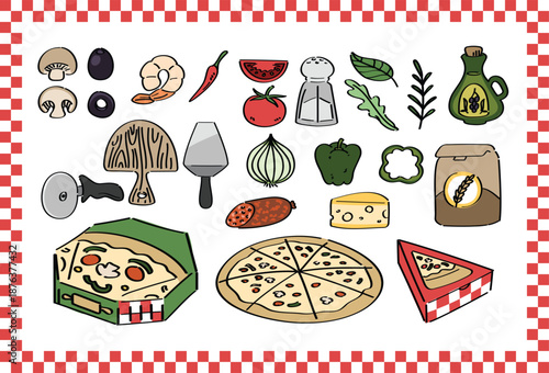 Hand-drawn Set of Pizza and ingredient