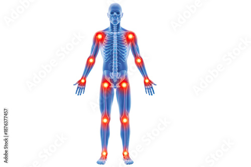 Human full body skeletal anatomy highlighting joint pain areas across shoulders elbows hips knees ankles isolated on white background