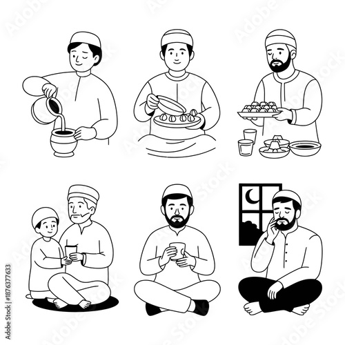 Islamic Traditions: A series of illustrations depicts various scenes of islamic men, observing religious practices, from pouring drink to contemplation.