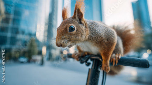 An urban squirrel sitting on the handlebars of an electric scooter, a playful moment of wildlife on a modern city street