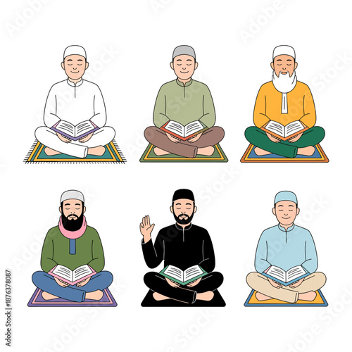 Islamic men reading Quran: A collection of six illustrations depicting Muslim men immersed in prayer, engrossed in the reading of the Quran, showcasing their devotion and contemplation.