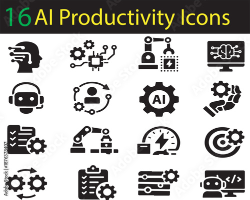 AI Productivity Solid Icon Set for Business and Technolog