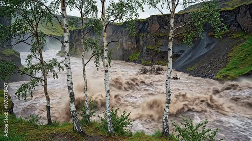Observing a Dynamic River Gorge with Trees and Mist in Natural Landscape