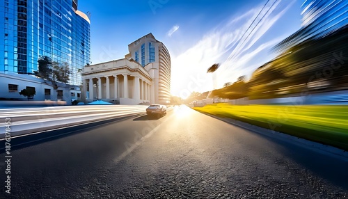 A wide-angle shot of a city street with blurred motion, buildings, and a bright sun. Focus on a car driving on asphalt