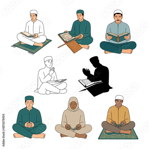Muslims Reading Quran: A collage showcases diverse individuals immersed in the act of reciting and contemplating the Quran, symbolizing faith and spiritual devotion.