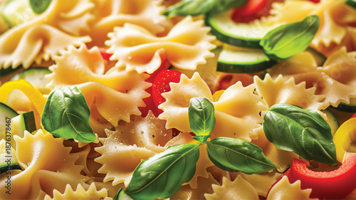 High-quality close-up of delicious farfalle pasta with fresh zucchini and red bell pepper, appetizing food composition, vibrant colors, realistic texture 