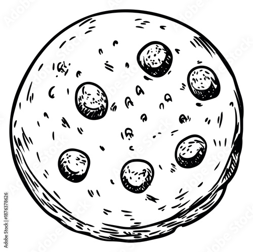 Hand drawn illustration of a chocolate chip cookie depicting a sweet baked snack for food and snack concepts