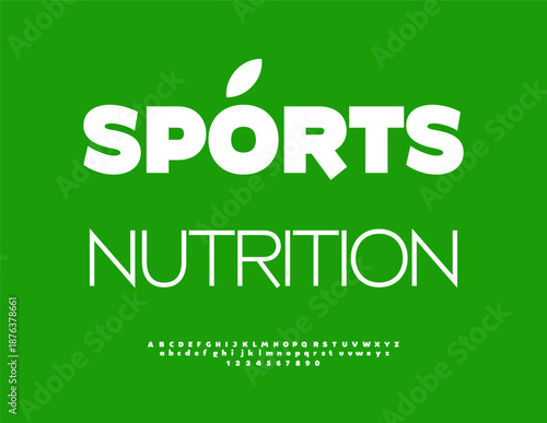 Vector Healthy emblem Sports Nutrition. Modern White Font. Bold Classic Alphabet Letters and Numbers set.