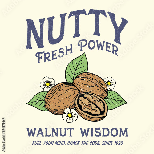 Vintage Walnut Wisdom Club Illustration for Retro T-shirt Design. and aesthetic lifestyle merchandise. High-quality graphic suitable for screen printing on t-shirts and hoodies. Walnut graphic print t
