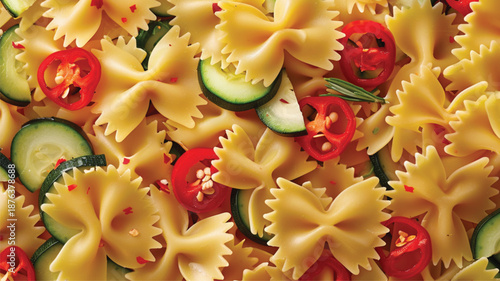 High-quality close-up of delicious farfalle pasta with fresh zucchini and red bell pepper, appetizing food composition, vibrant colors, realistic texture 