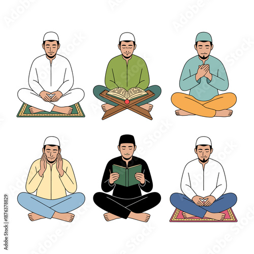 Meditative Souls in Devotion: Six figures, each embodies serenity in devout practices. Capturing a range of expressions, from contemplation to prayer and study.