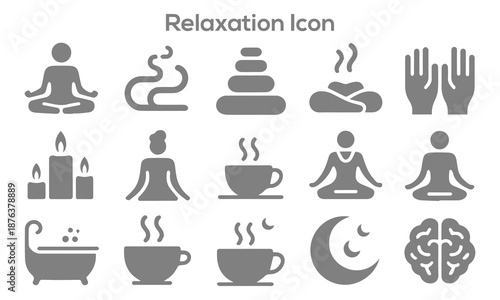 Minimalist grey relaxation icon set featuring yoga meditation spa zen stones candles tea bathtub and mental health symbols for wellness
