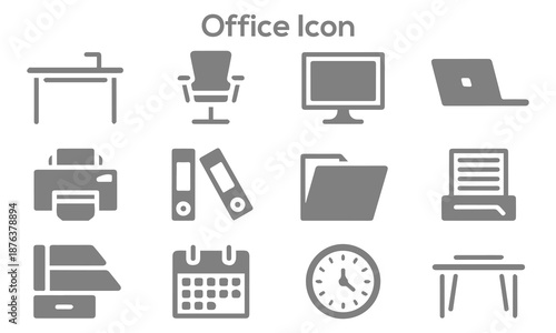 Professional grey office icon set featuring workspace furniture like desk chair laptop printer folders binders calendar and clock symbols
