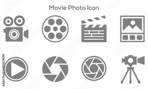 Professional movie photo icon set featuring film reel clapperboard picture frame play button camera aperture and tripod camera symbols
