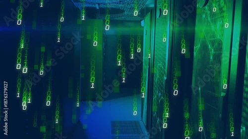 Binary code animation over futuristic data center with glowing green lights