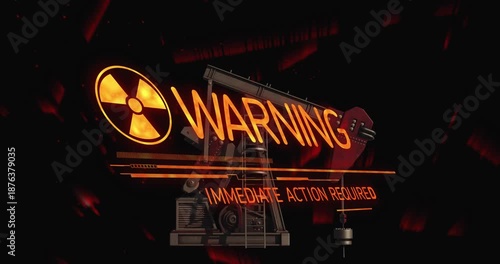 Radiation warning over oil pumpjack, immediate action required for safety