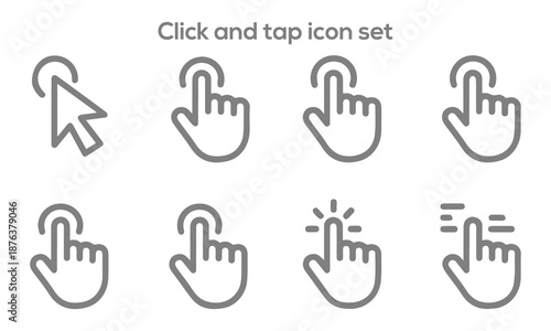 Set of gray line icons for click and tap interaction including mouse cursor finger touch gestures swipe and pointer
